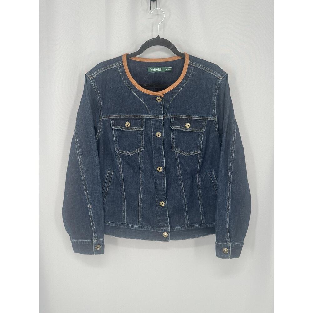 Lauren Ralph Lauren Jacket Womens 2X Blue Denim Snap Collarless Leather Trim